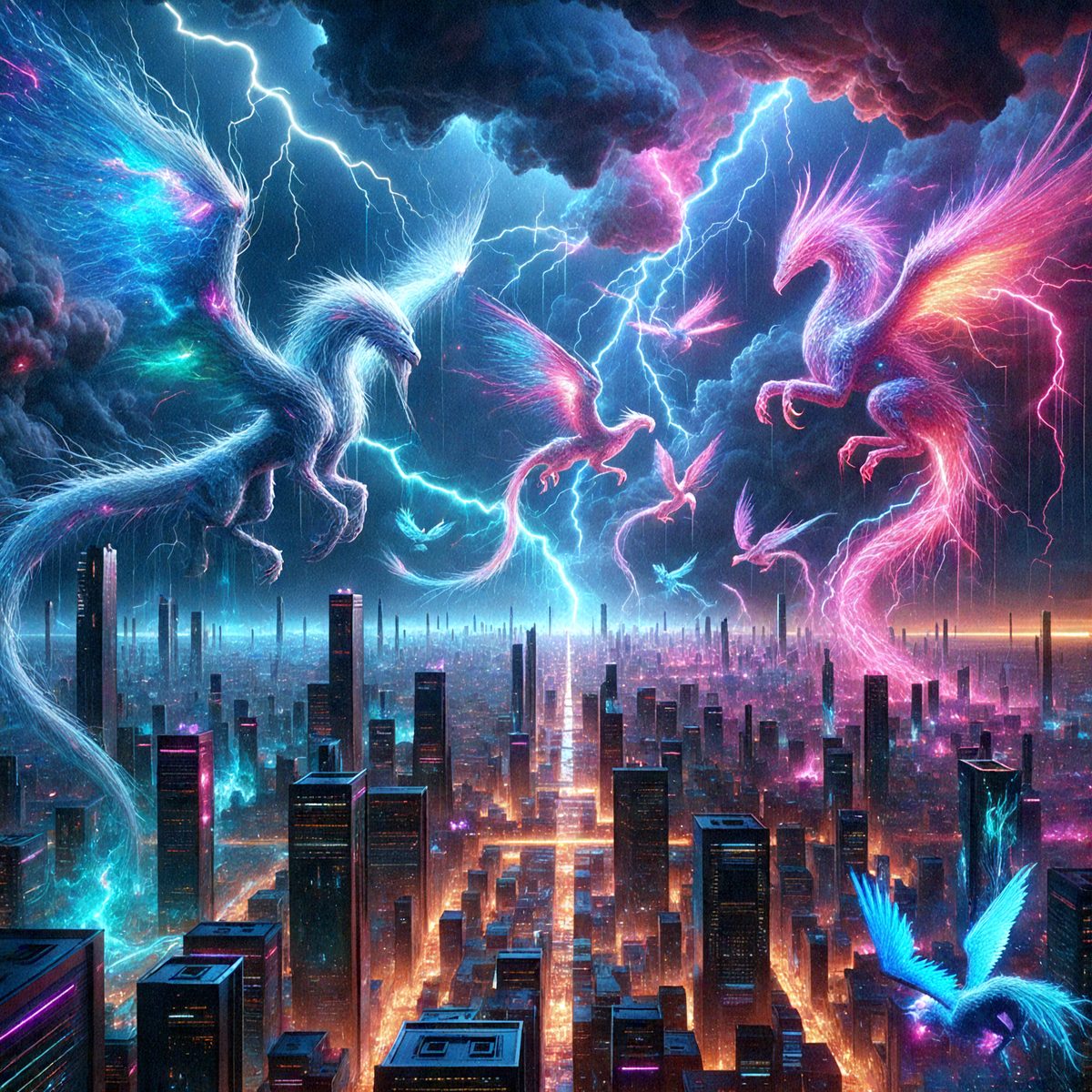 The primary subject of the image is a cityscape with a sky background. The setting is a futuristic city with a mix of buildings and a cloudy sky. The visual style is a digital art or illustration, creating a vibrant and colorful atmosphere. The dominant colors are pink, purple, and blue, giving the scene a surreal and dreamy mood.